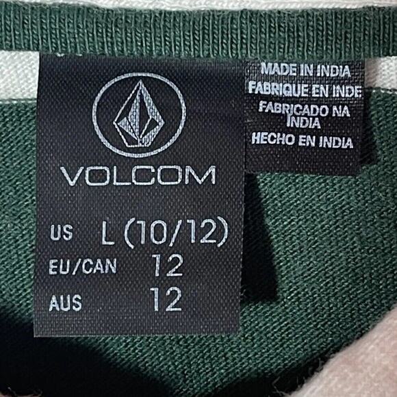 Volcom Volarco Long Sleeve Polo Shirt L 100% Cotton Boxy Striped Cream Green - Picture 2 of 12